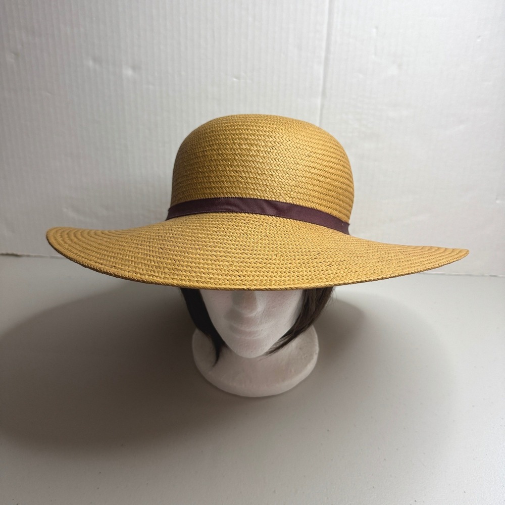 Goorin Bros Womens Large Tan Woven Straw Wide Brim Sun Hat Purple Ribbon Accent